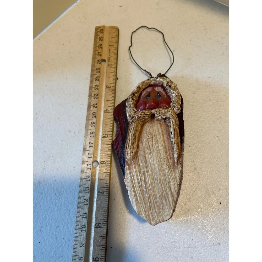 Hand Carved Wood Santa Claus Ornament Rustic Folk Art Father Christmas 6.5 Inch